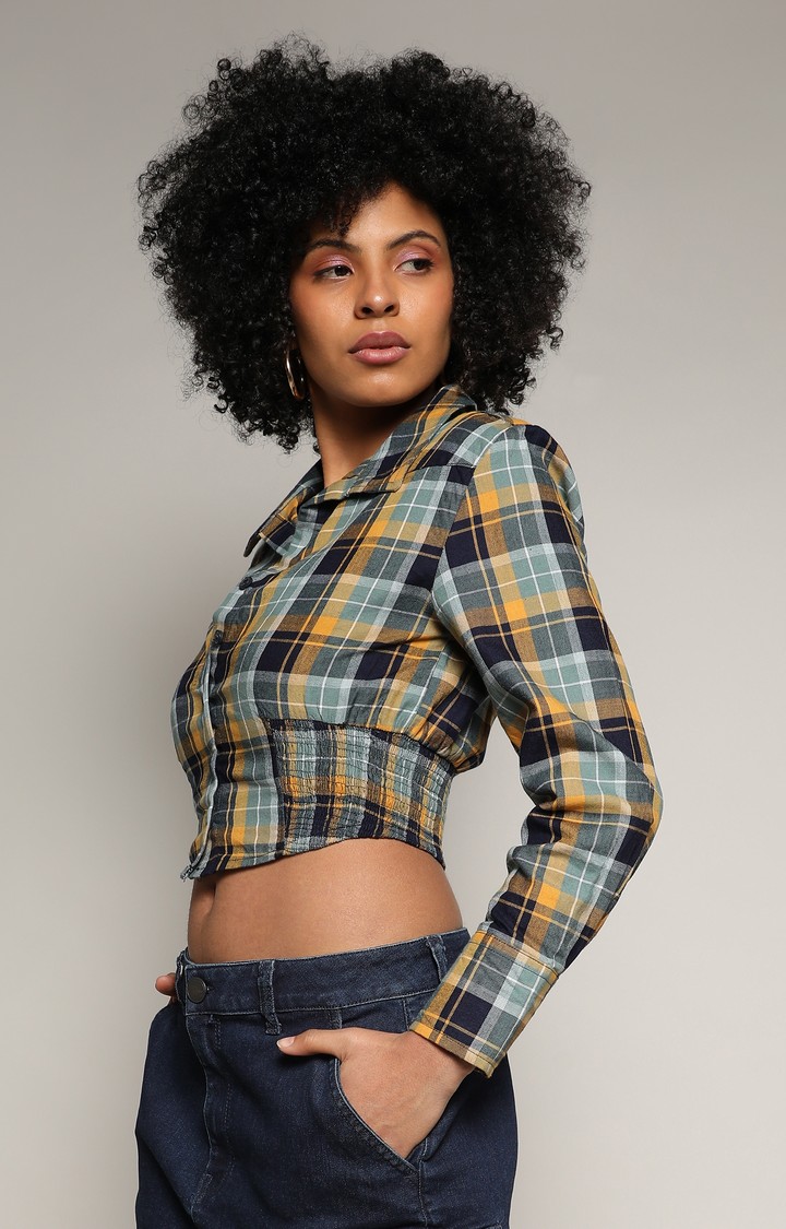 Women's Multicolour Checked Crop Shirt