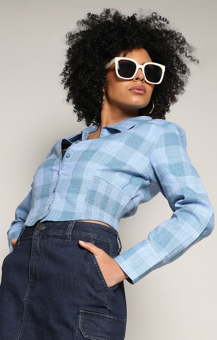 Women's Blue Checked Crop Shirt