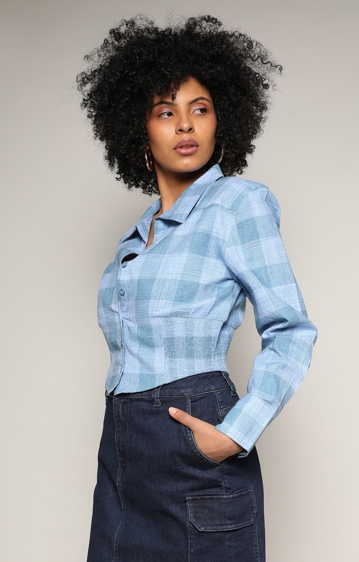 CAMPUS SUTRA | Women's Blue Checked Crop Shirt