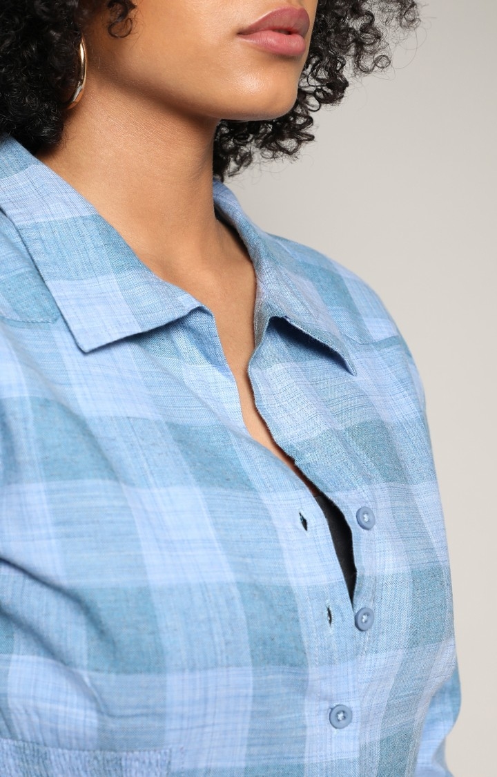 Women's Blue Checked Crop Shirt