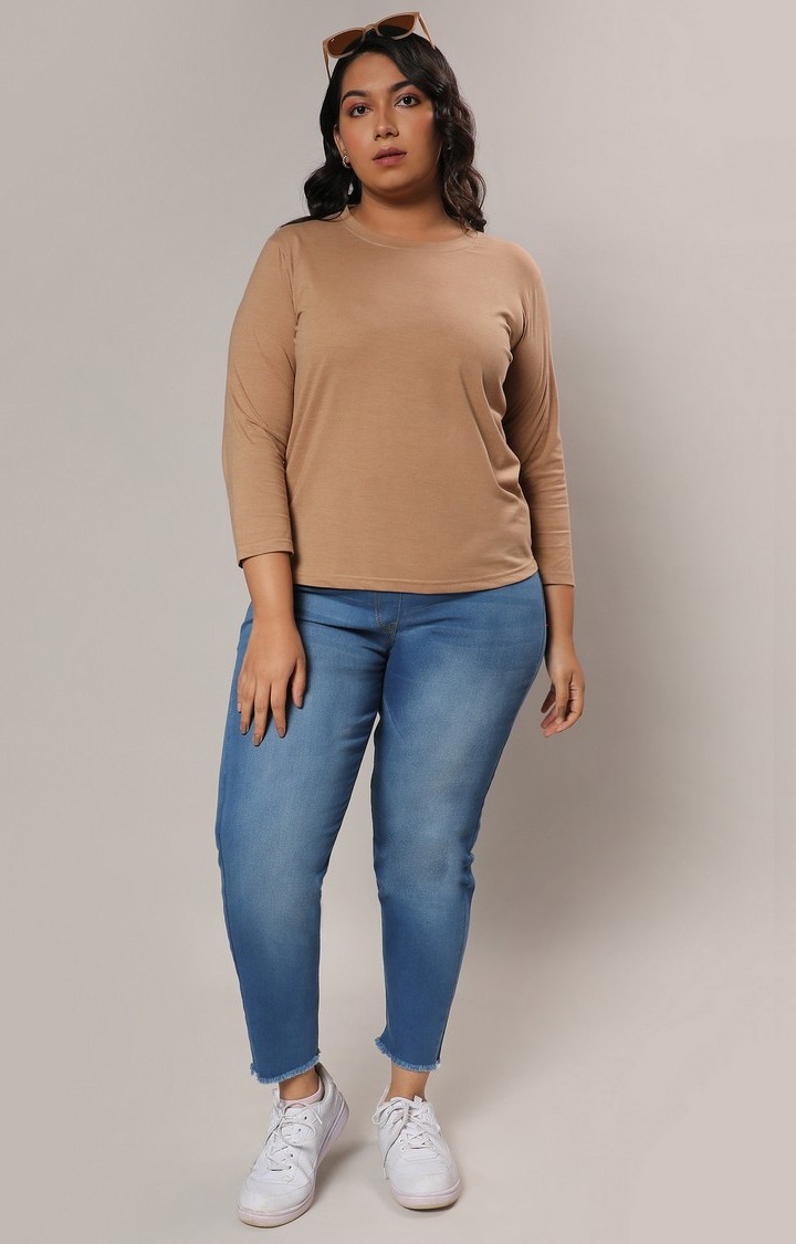 Women's Beige Solid Regular T-Shirts