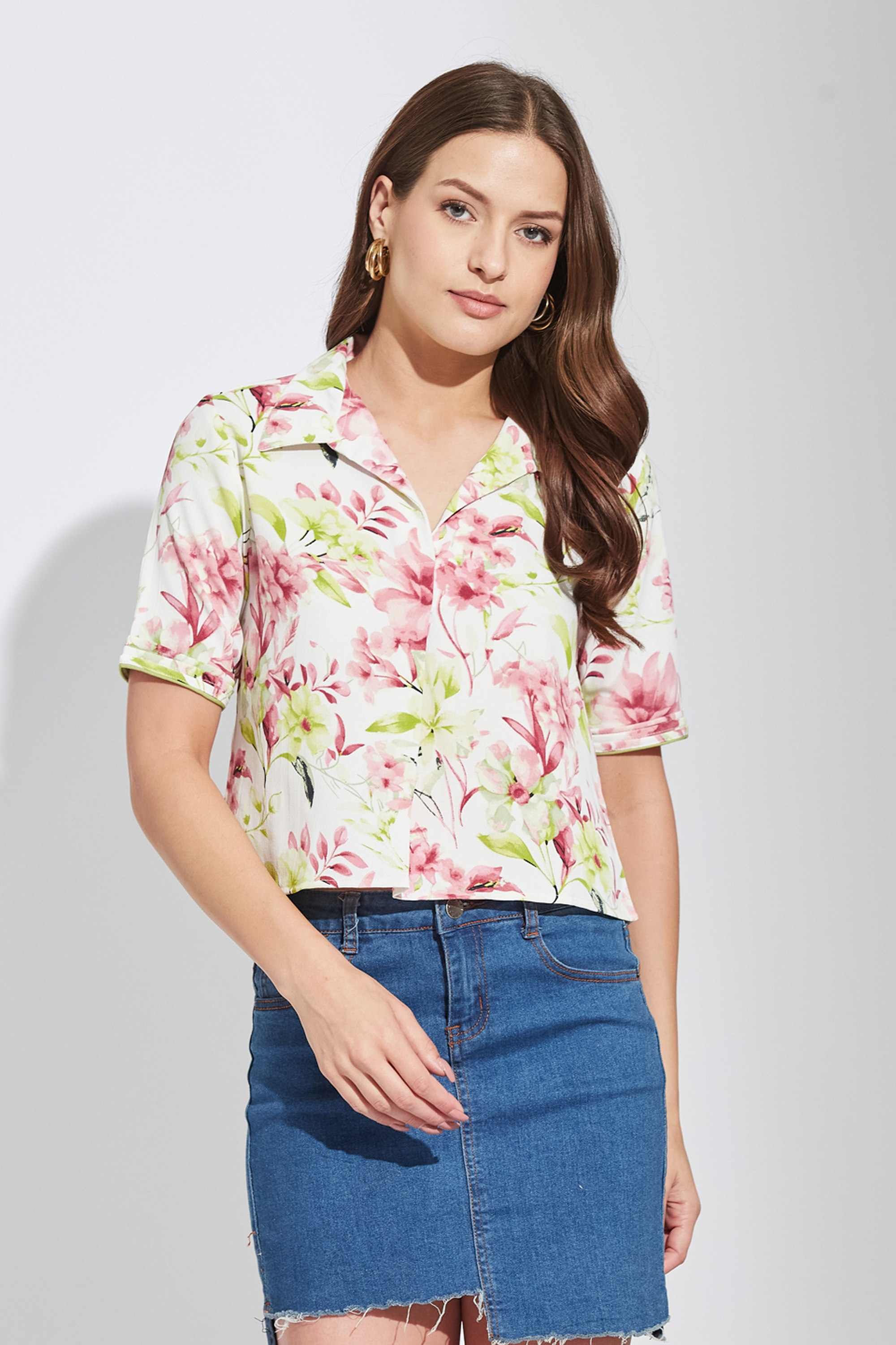 Latin Quarters Printed Spread Collar Polyester Women's Casual Wear Shirt