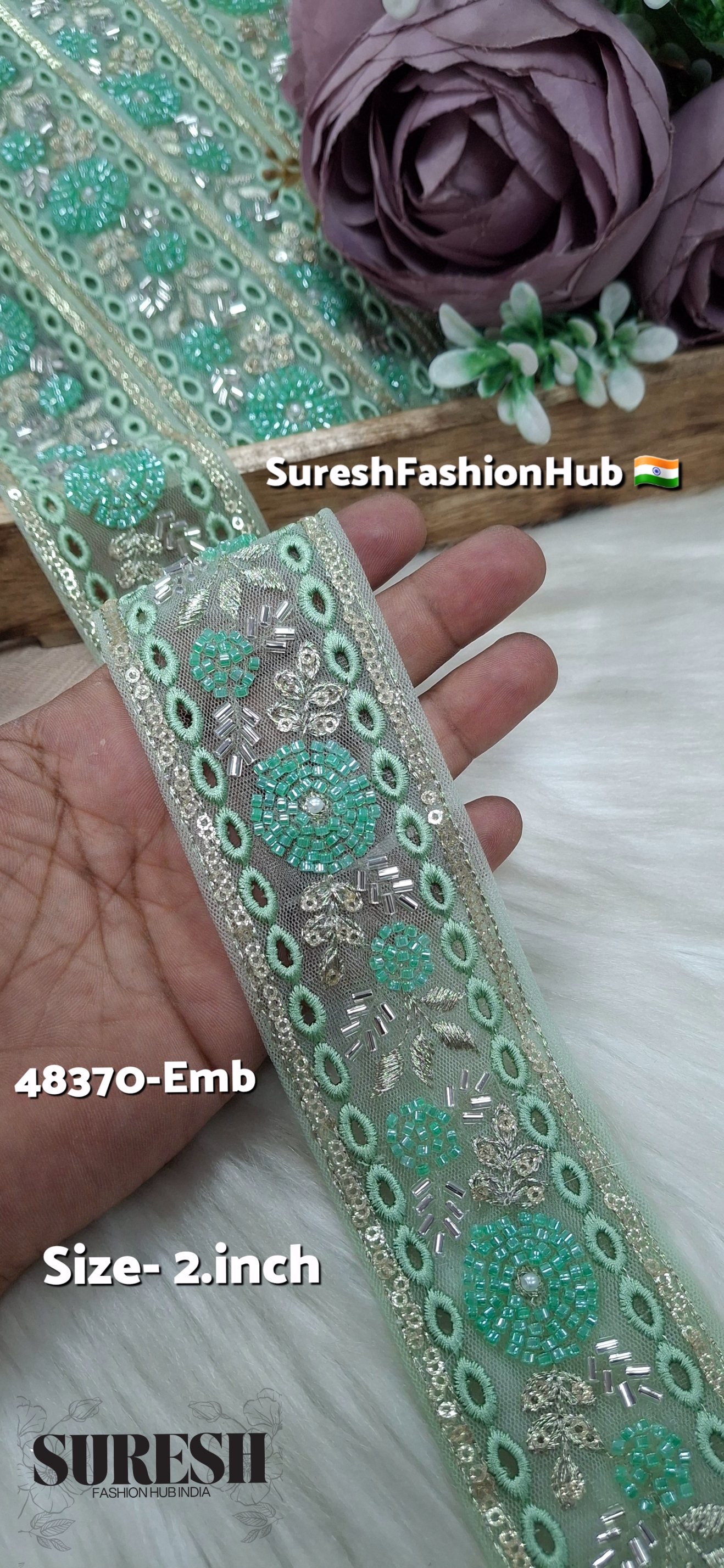 SeaGreen TwinCut Floral Net Embroidered Lace