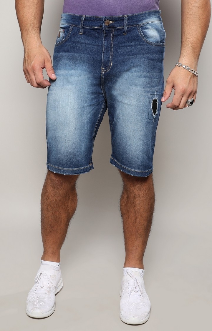 Instafab Plus | Men's Navy Blue Distressed Denim Shorts