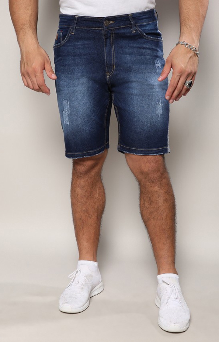 Men's Dark Blue Side-Striped Denim Shorts