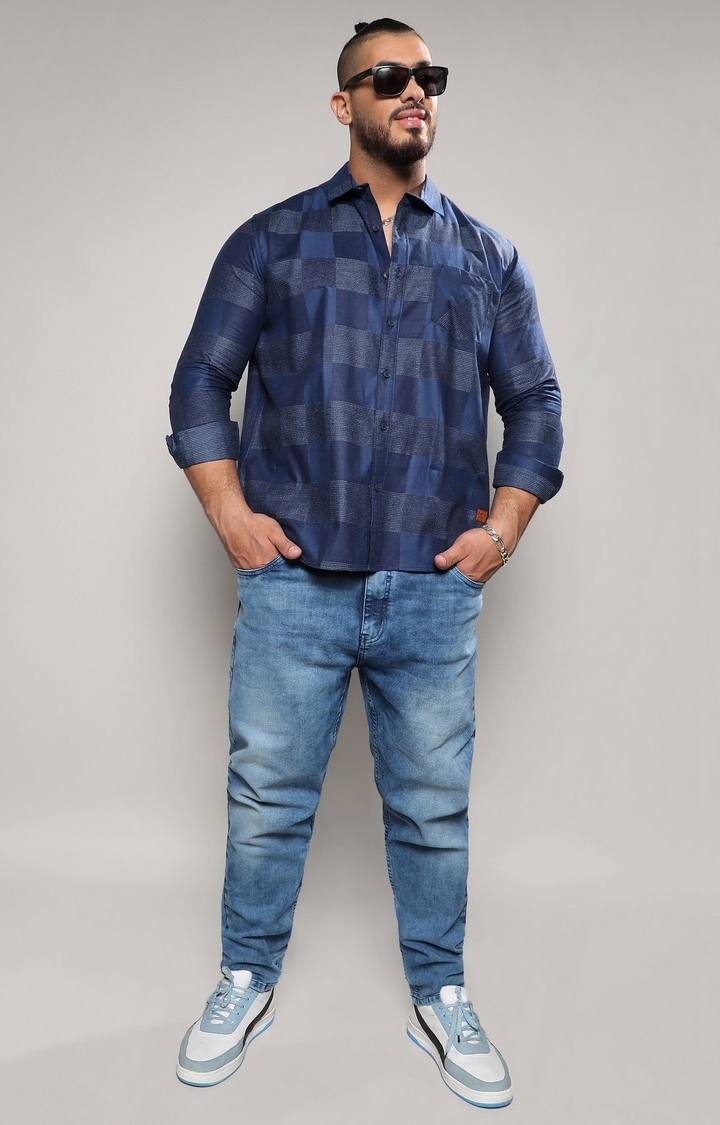 Instafab Plus | Men's Denim Blue Buffalo Checked Shirt
