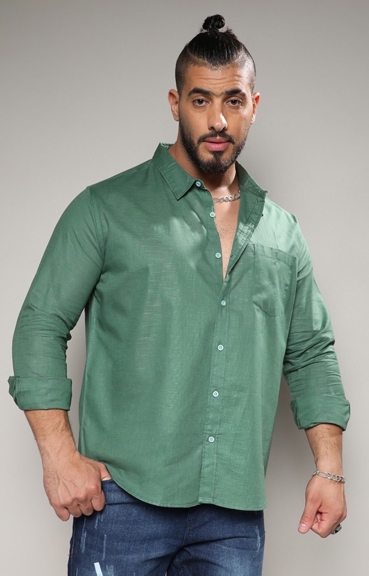 Men's Fern Green Basic Button-Up Shirt