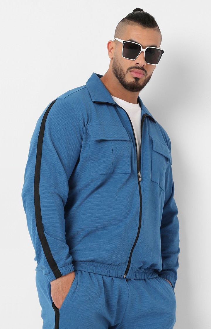 Men's Azure Blue Solid Tracksuits