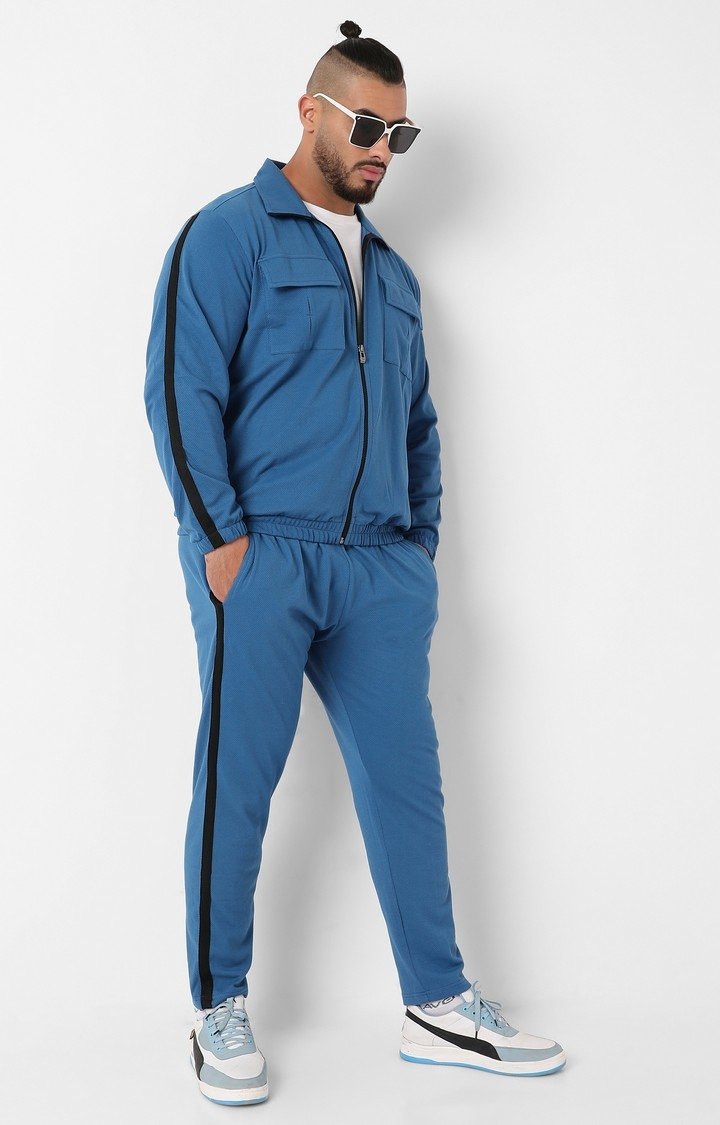 Men's Azure Blue Solid Tracksuits