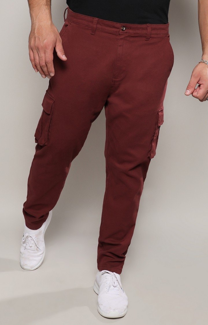 Men's Maroon Solid Cargos