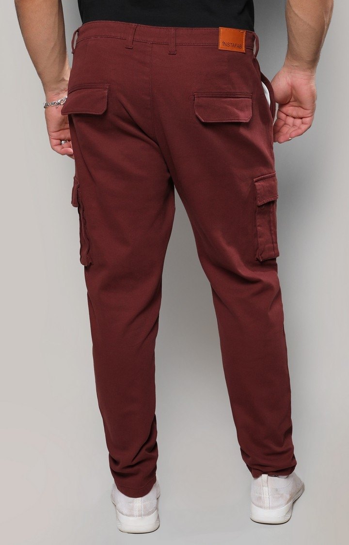 Men's Maroon Solid Cargos