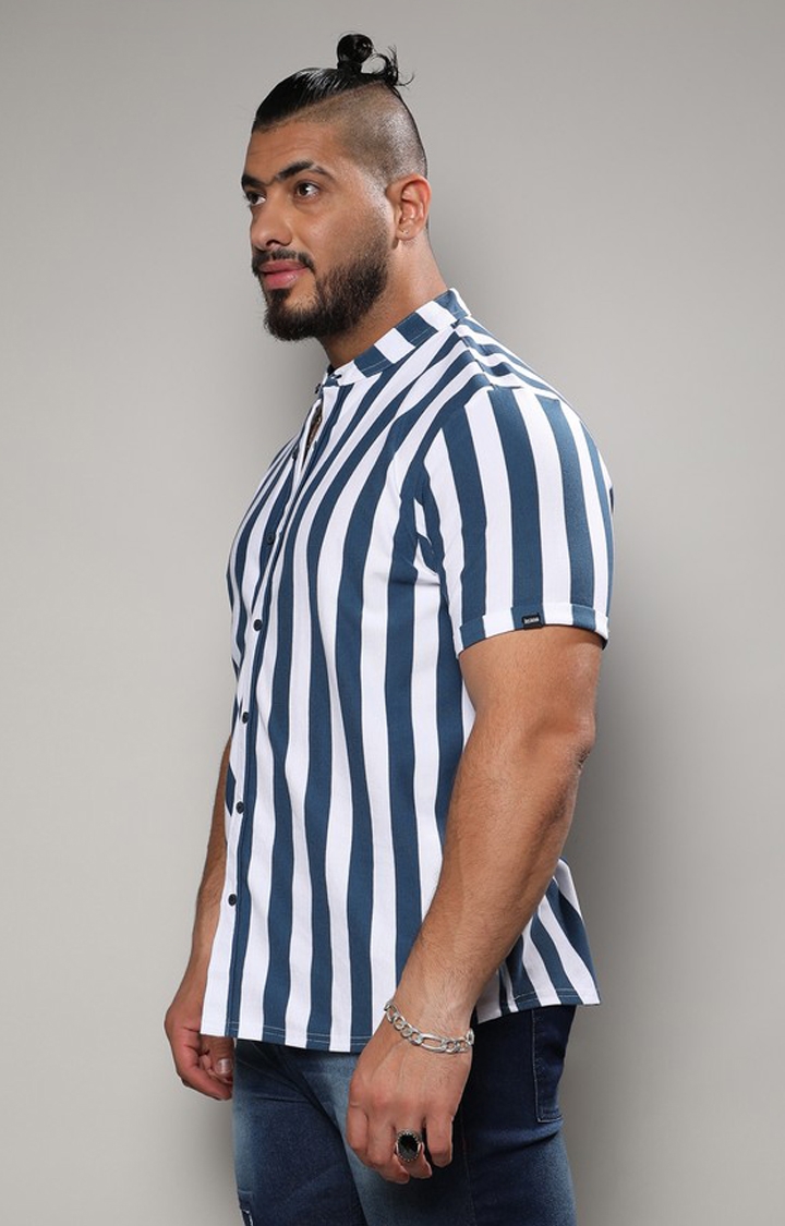 Instafab Plus | Men's Chalk White & Prussian Blue Bengal Striped Shirt