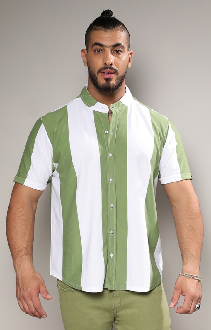 Instafab Plus | Men's Chalk White & Olive Green Bengal Striped Shirt