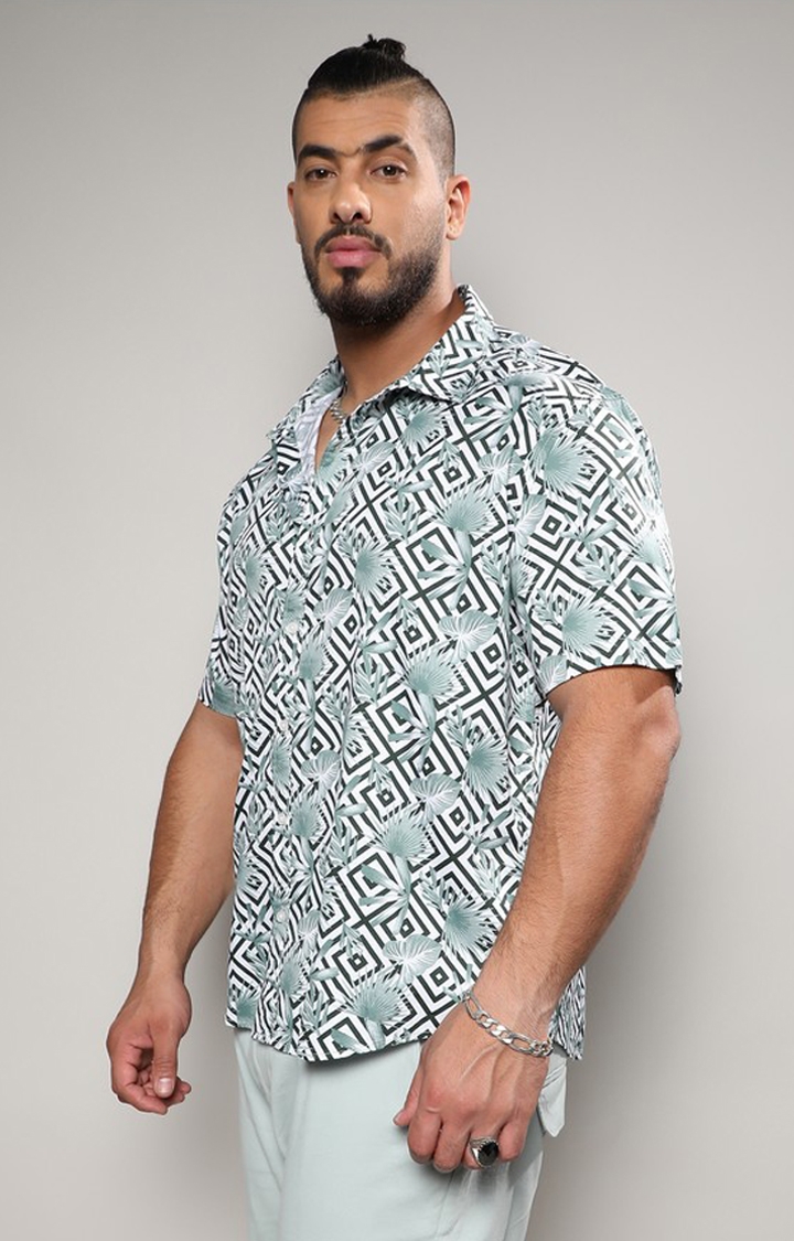 Instafab Plus | Men's Black & Green Geometric Foliage Shirt