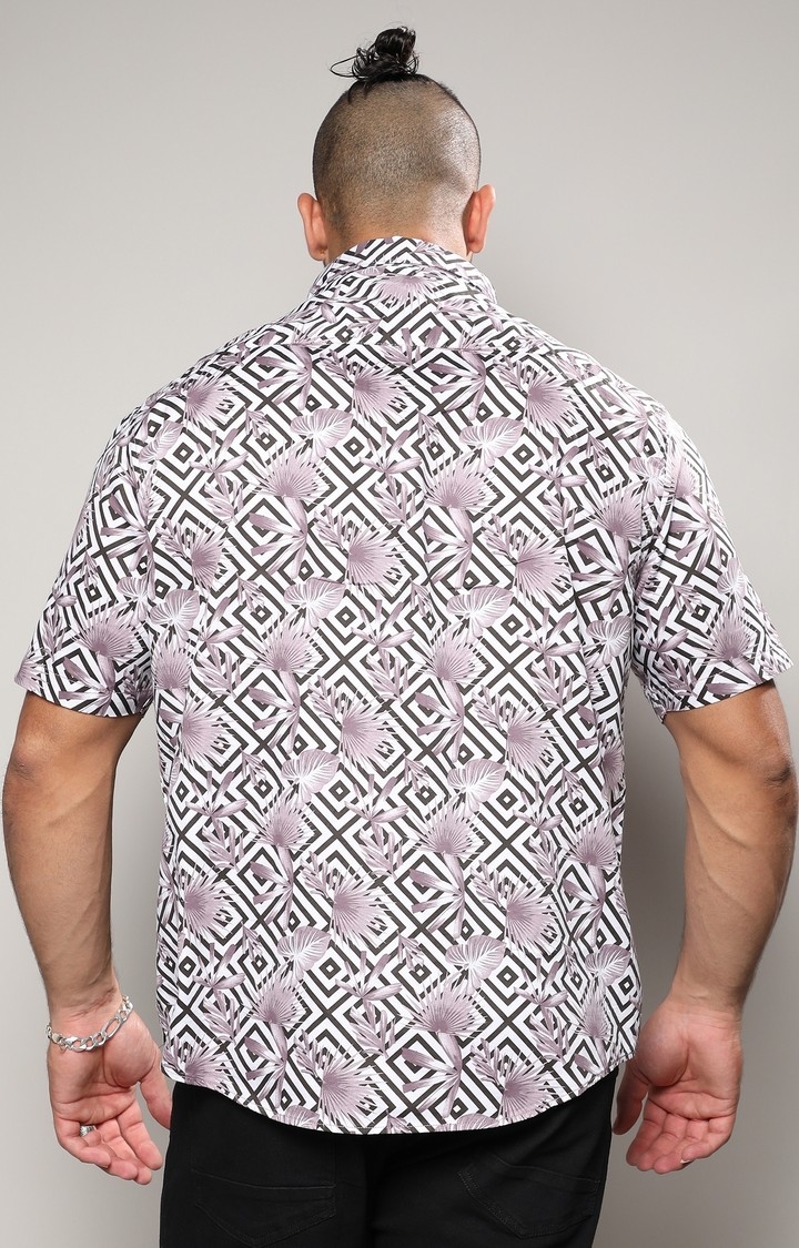 Men's White & Black Geometric Foliage Shirt