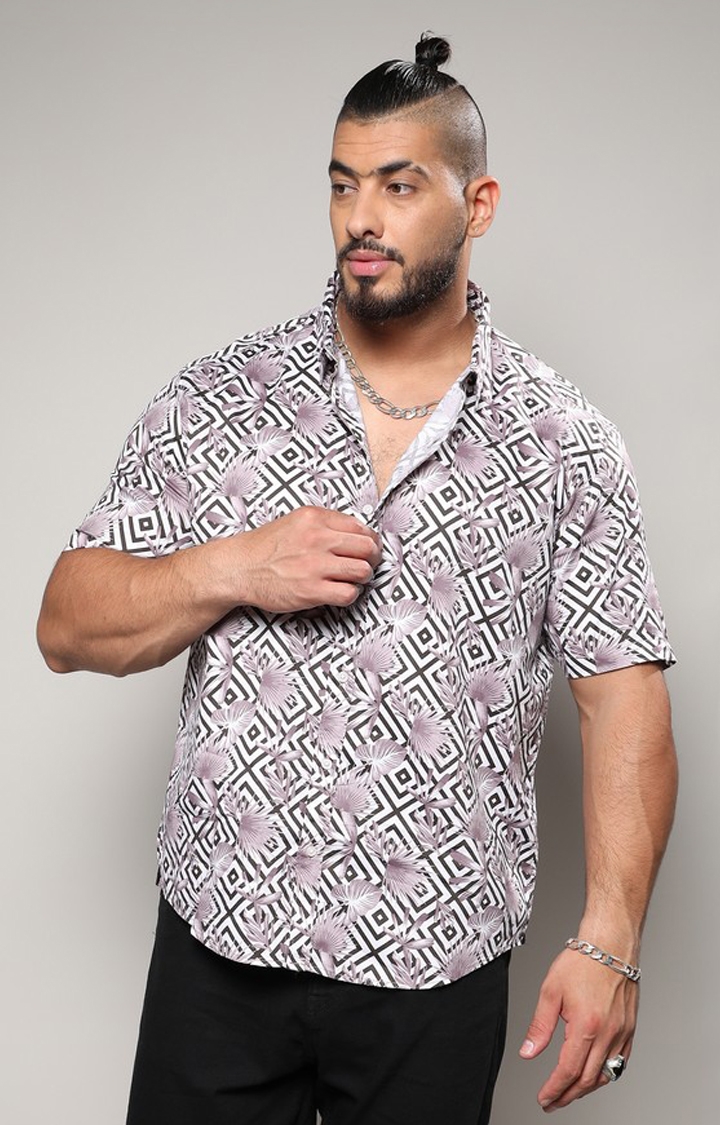 Men's White & Black Geometric Foliage Shirt