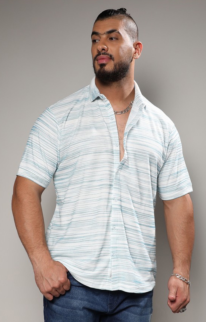 Men's Light Blue & White Textured Horizontal Striped Shirt