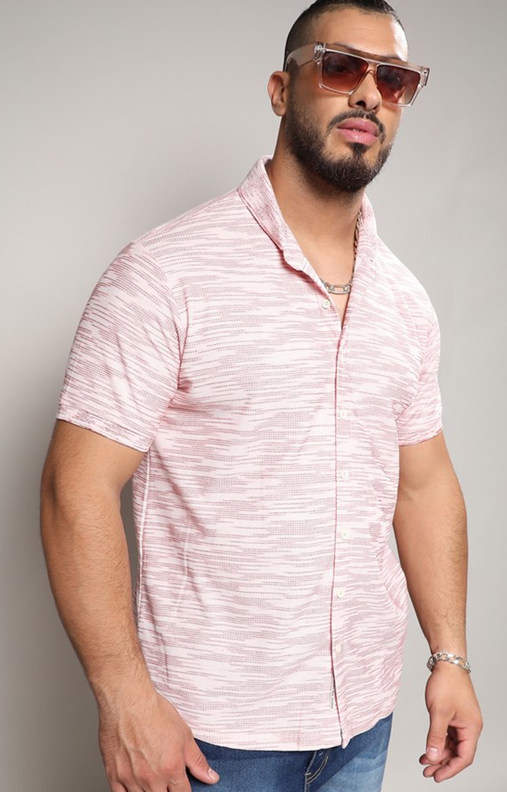 Men's Blush Pink Textured Horizontal Striped Shirt