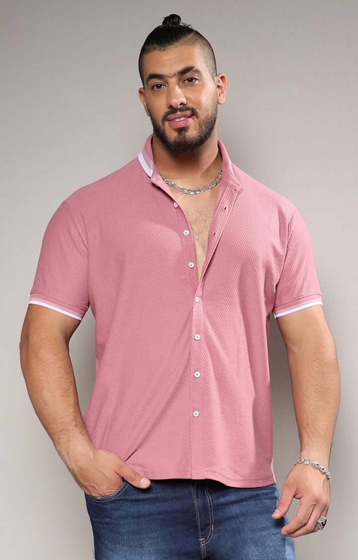 Instafab Plus | Men's Coral Pink Honeycomb Knit Shirt