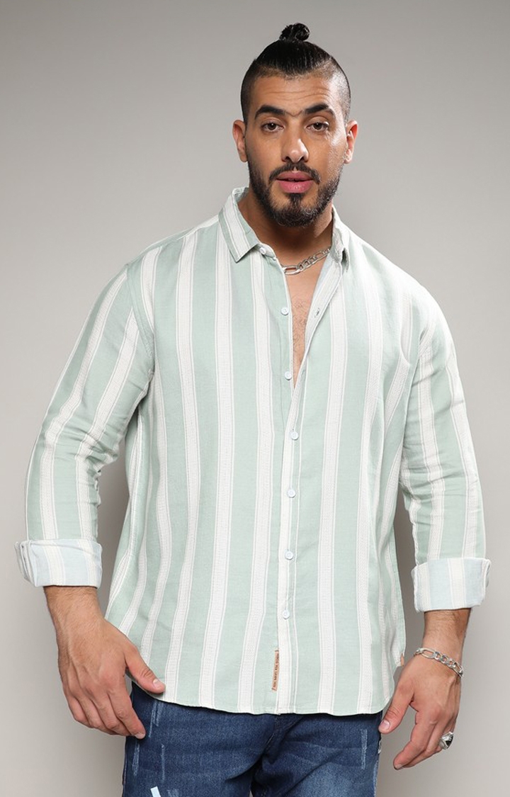 Instafab Plus | Men's Sage Green & White Contrast Club Striped Shirt