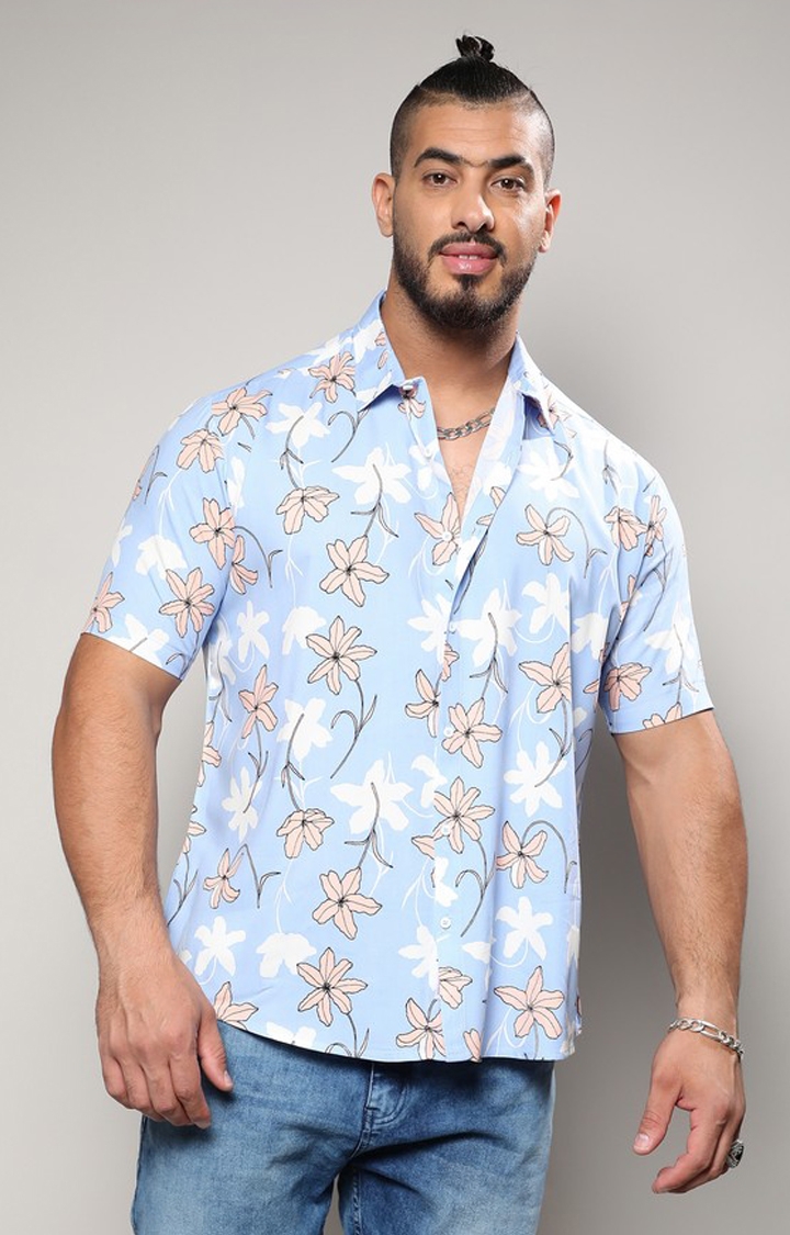 Instafab Plus | Men's Sky Blue Airy Flower Shirt