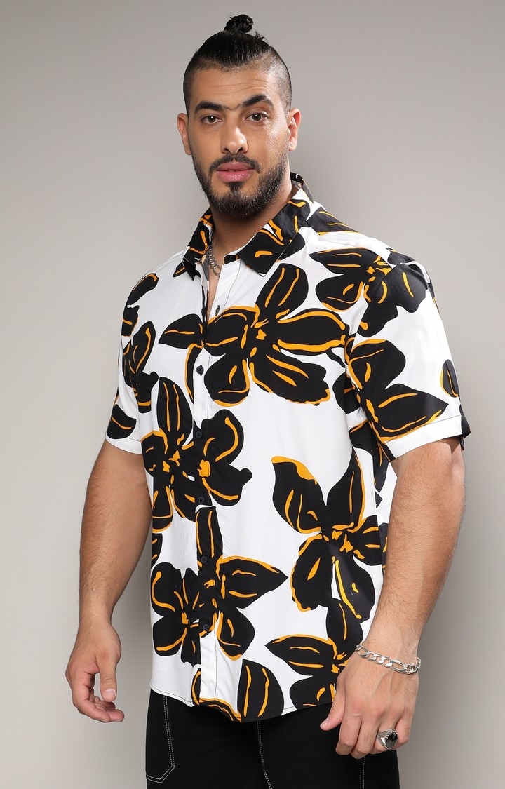 Men's White & Black Maxi Floral Print Shirt