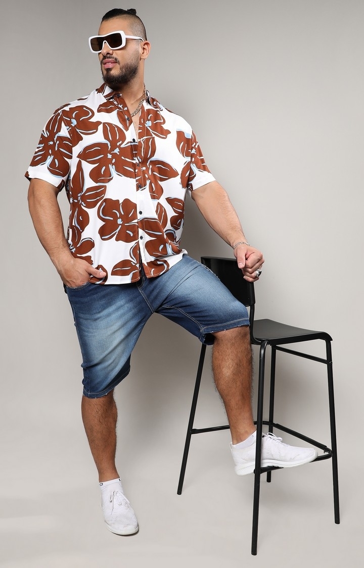 Instafab Plus | Men's White & Brown Maxi Floral Print Shirt