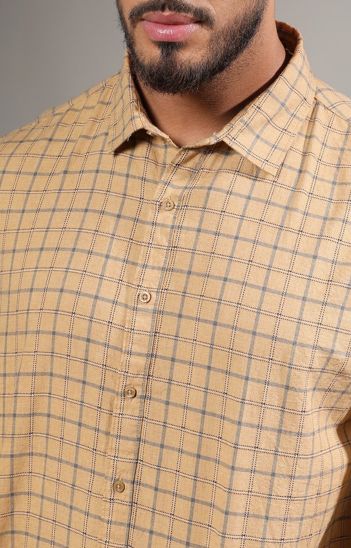 Men's Beige Contrast Tartan Plaid Shirt
