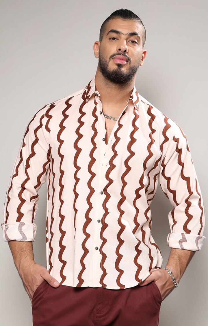 Instafab Plus | Men's Beige & Brown Contrast Paint Lines Shirt