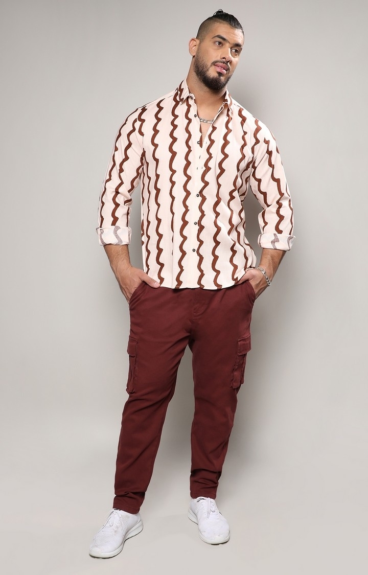Instafab Plus | Men's Beige & Brown Contrast Paint Lines Shirt
