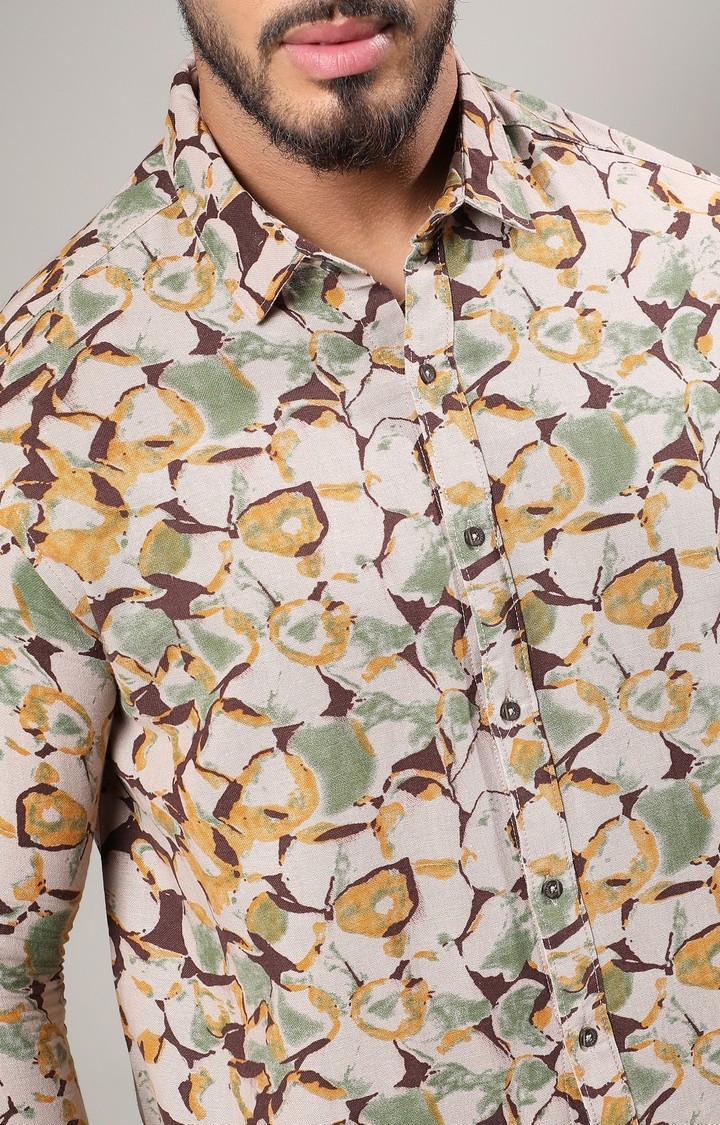 Men's Beige & Green Artistic Floral Cluster Shirt