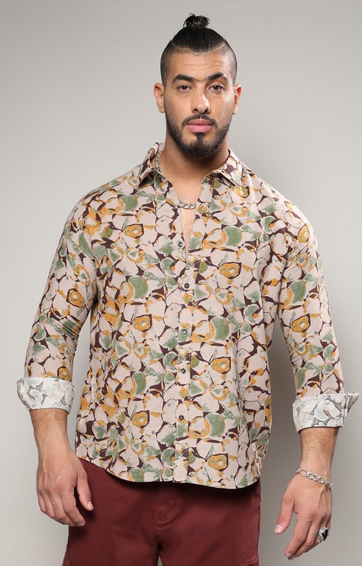 Instafab Plus | Men's Beige & Green Artistic Floral Cluster Shirt