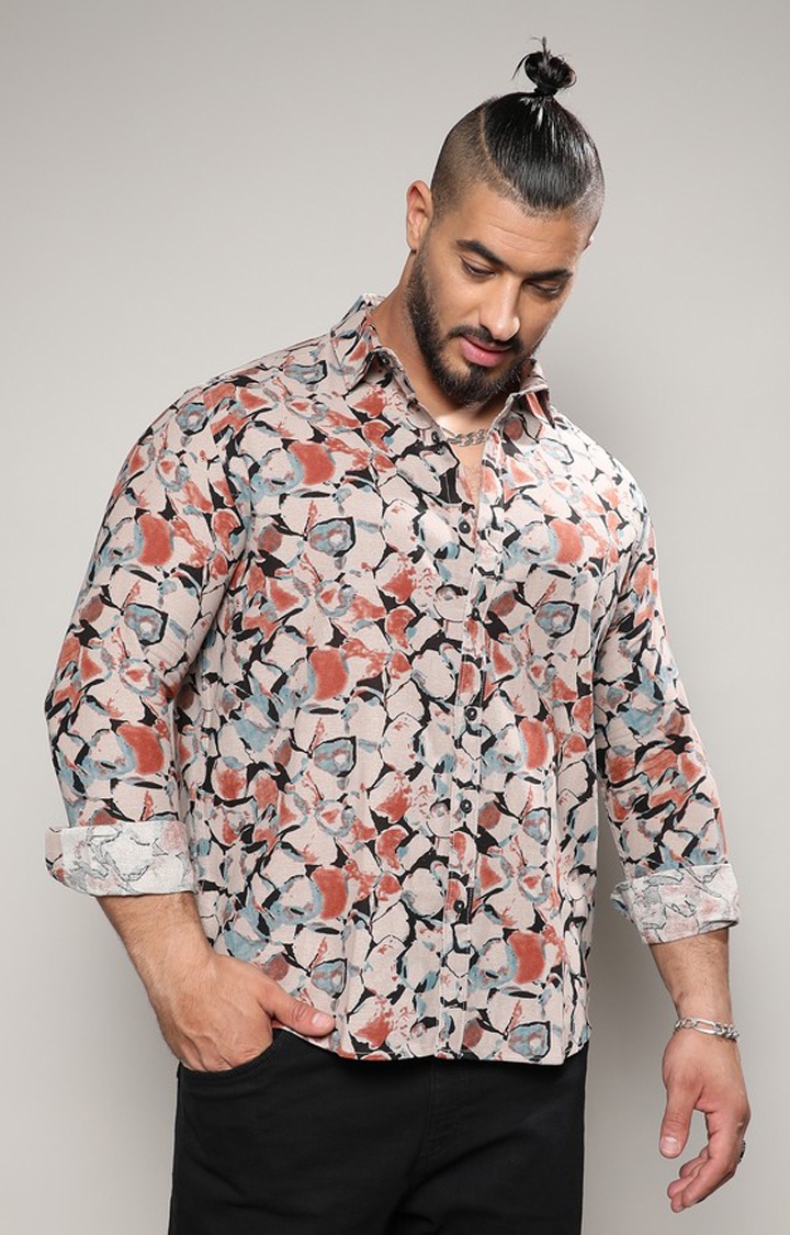 Instafab Plus | Men's Beige & Brown Artistic Floral Cluster Shirt