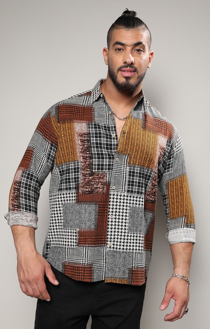 Instafab Plus | Men's Brown Herringbone Block Shirt