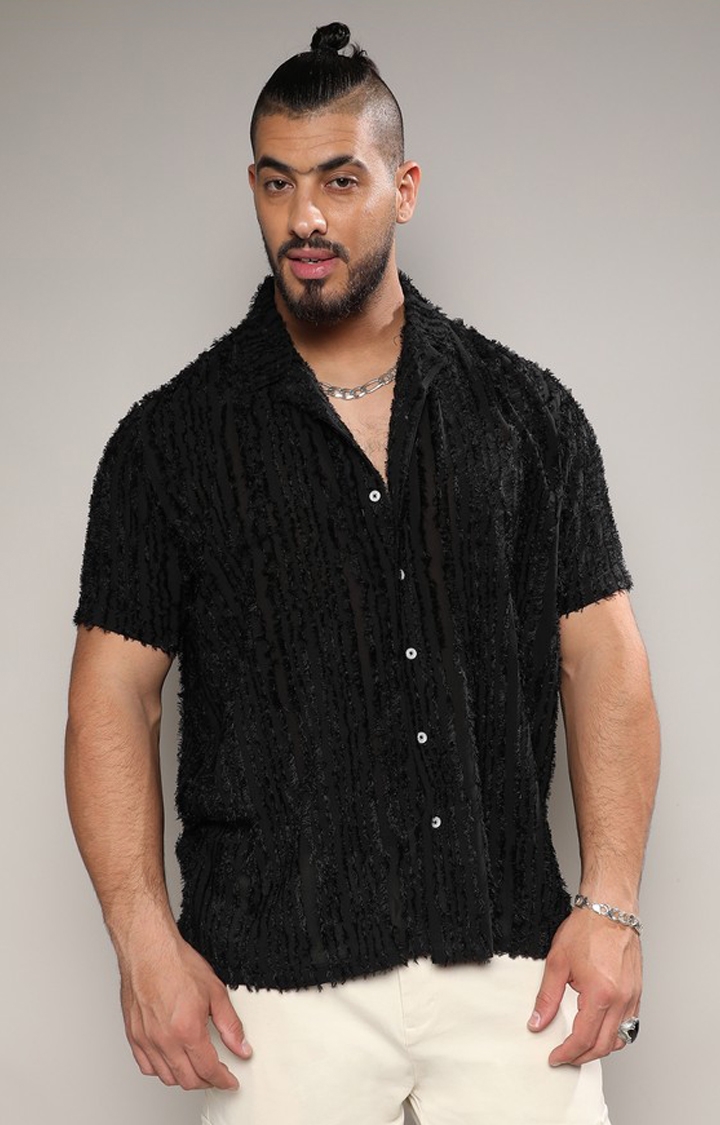 Instafab Plus | Men's Jet Black Fleece Striped Shirt