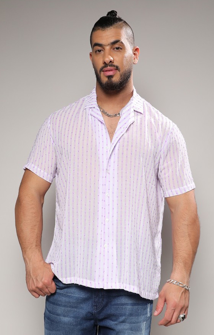 Men's White & Lavender Balanced Striped Shirt