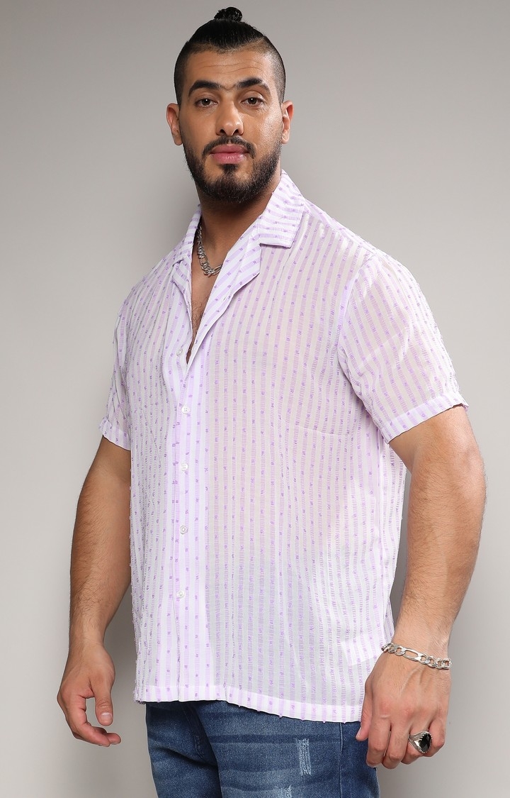 Men's White & Lavender Balanced Striped Shirt
