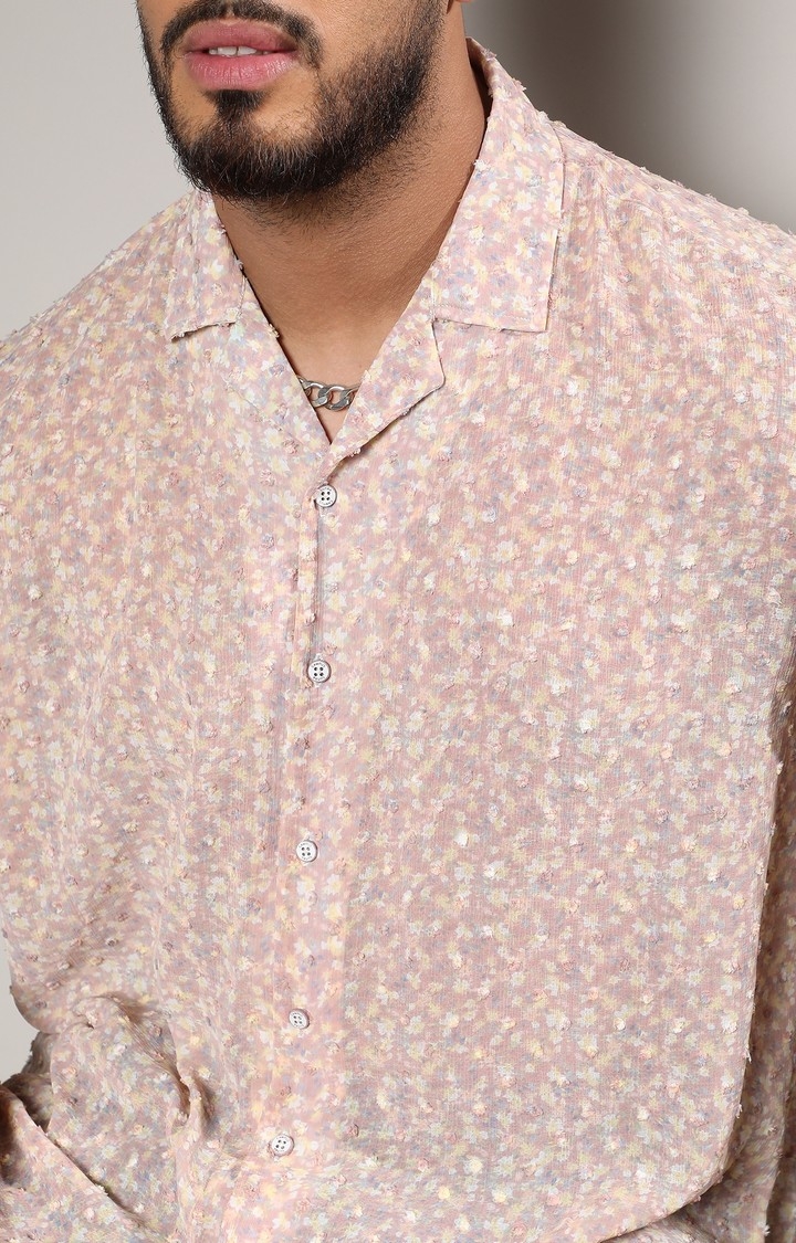Men's Beige Washed Flowers Seld-Design Shirt