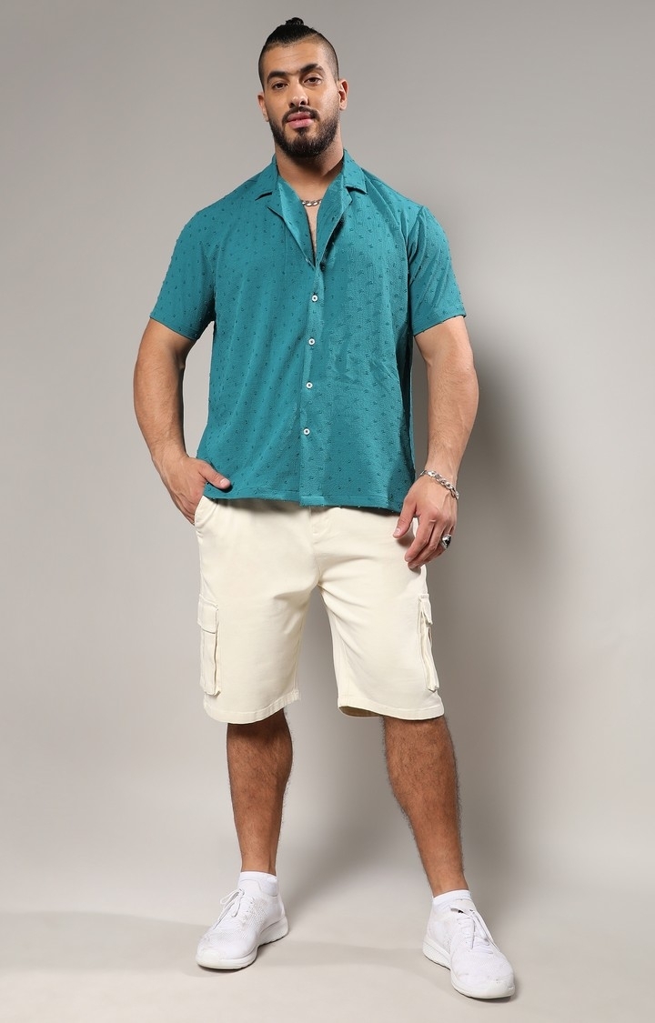 Instafab Plus | Men's Turquoise Blue Self-Design Pom-Pom Shirt
