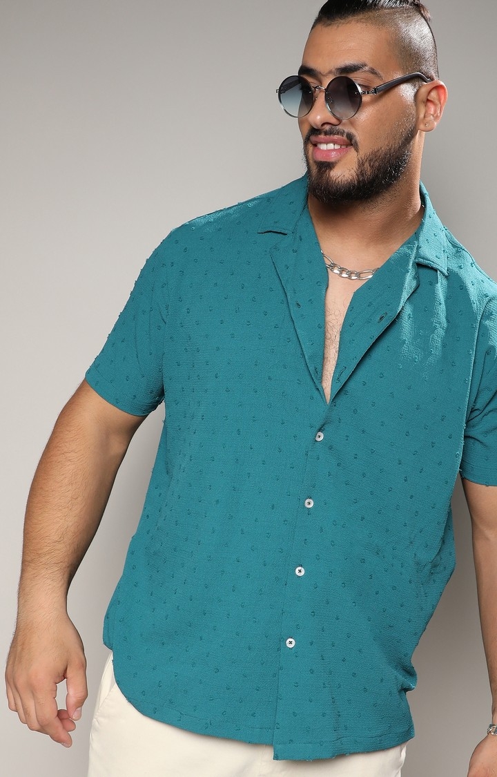 Men's Turquoise Blue Self-Design Pom-Pom Shirt