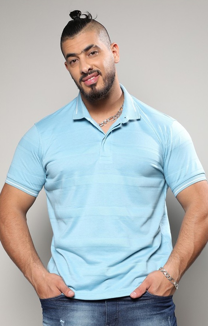 Men's Sky Blue Self-Design Horizontal Striped T-Shirt