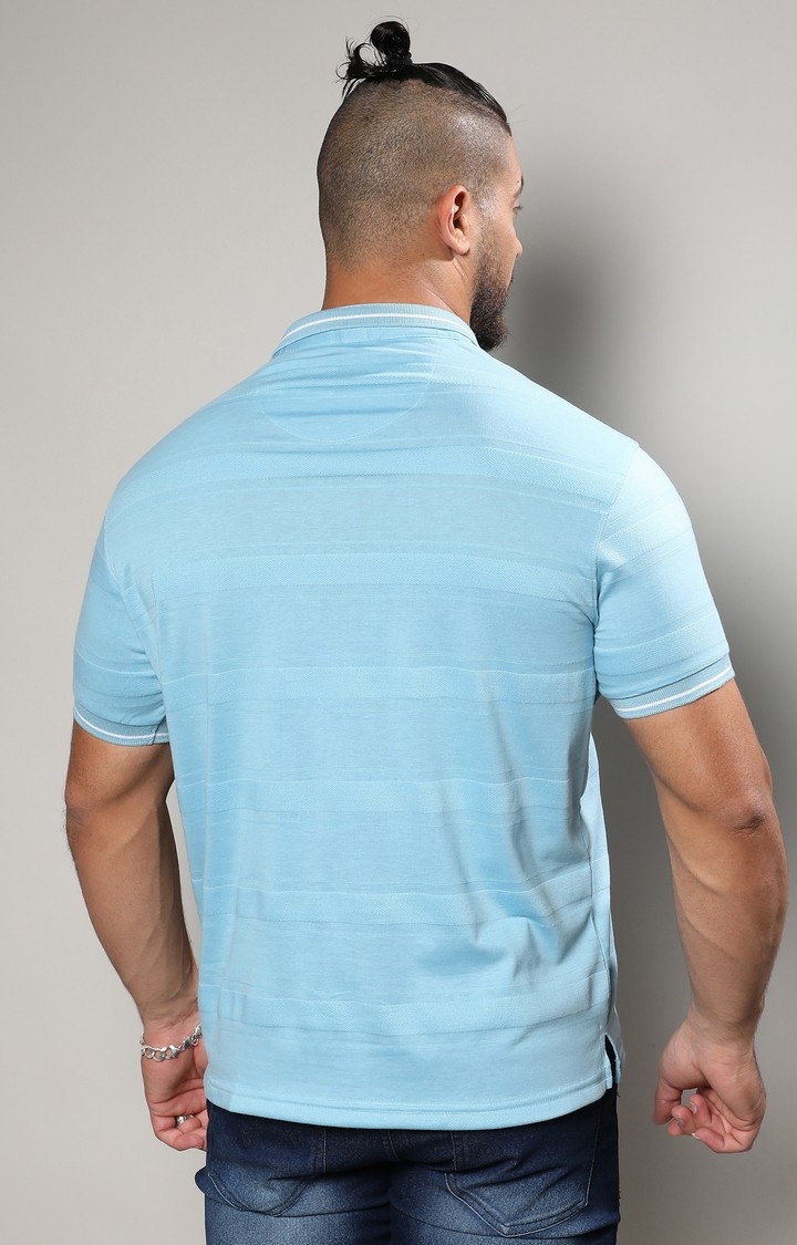 Men's Sky Blue Self-Design Horizontal Striped T-Shirt