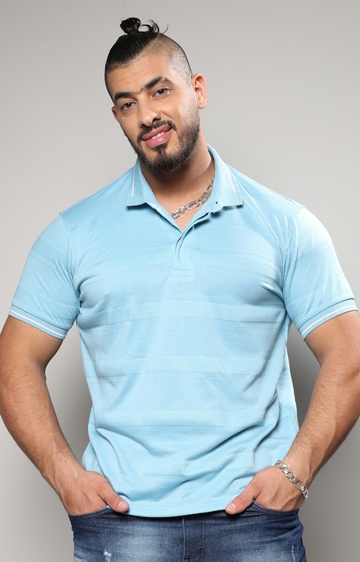 Instafab Plus | Men's Sky Blue Self-Design Horizontal Striped T-Shirt