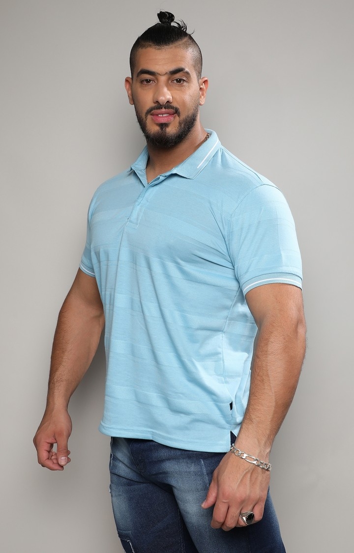 Men's Sky Blue Self-Design Horizontal Striped T-Shirt