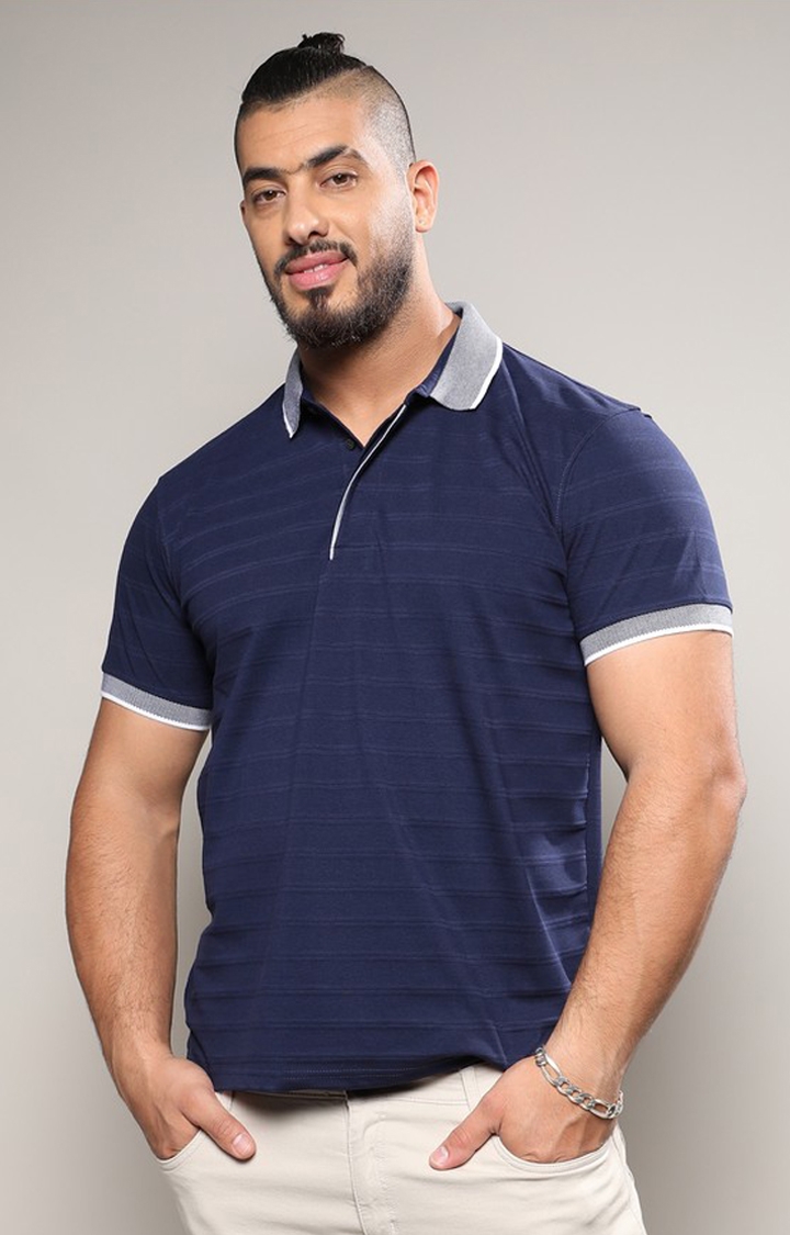 Instafab Plus | Men's Midnight Blue Self-Design Horizontal Striped T-Shirt