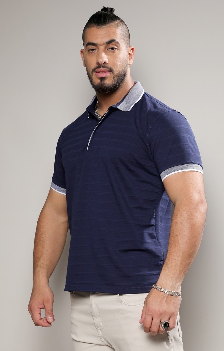 Men's Midnight Blue Self-Design Horizontal Striped T-Shirt