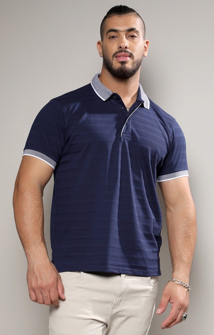 Men's Midnight Blue Self-Design Horizontal Striped T-Shirt