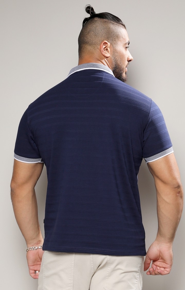 Men's Midnight Blue Self-Design Horizontal Striped T-Shirt