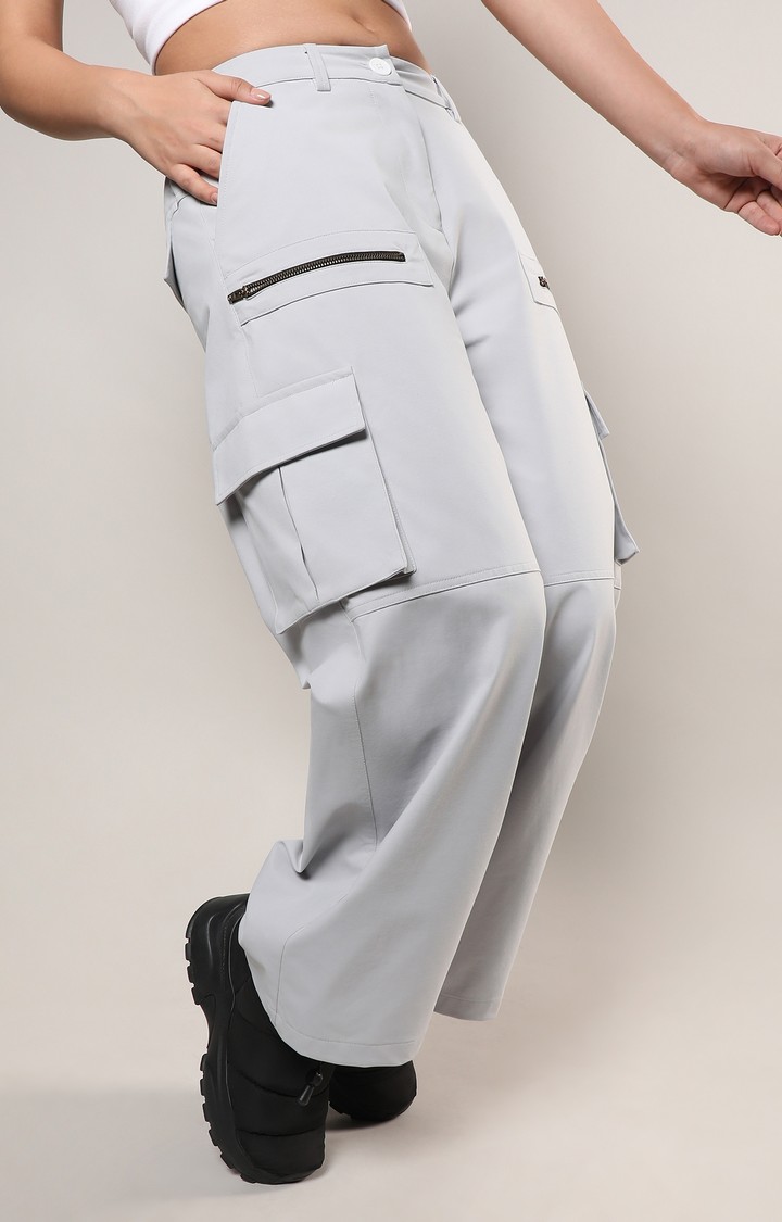 Women's Moon Grey Solid Polyester Cargos