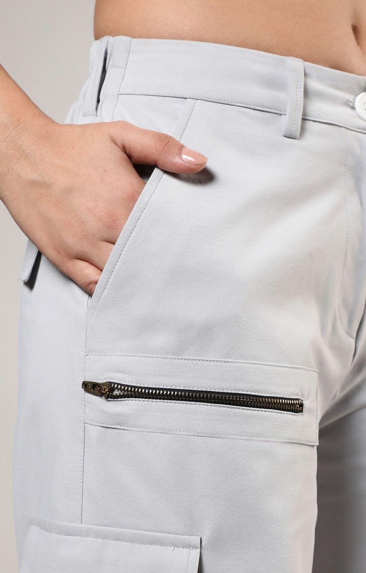 Women's Moon Grey Solid Polyester Cargos